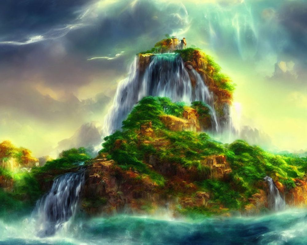 Lush Green Island with Waterfalls and Lightning Sky