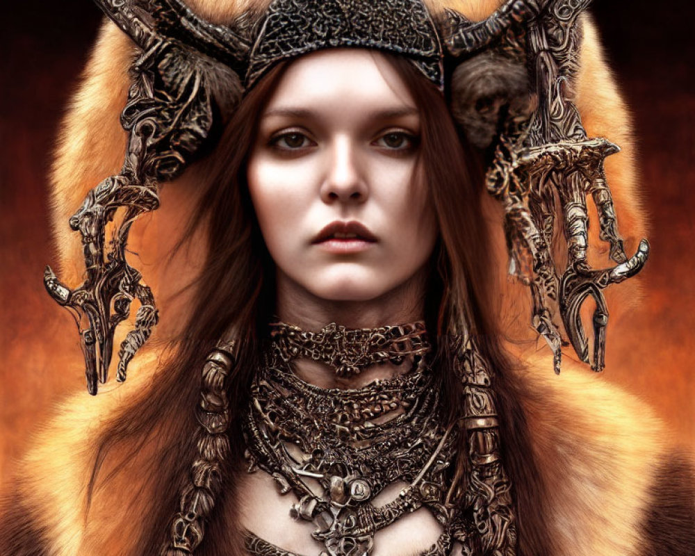 Woman with striking eyes in metal headgear and bone necklace on warm backdrop