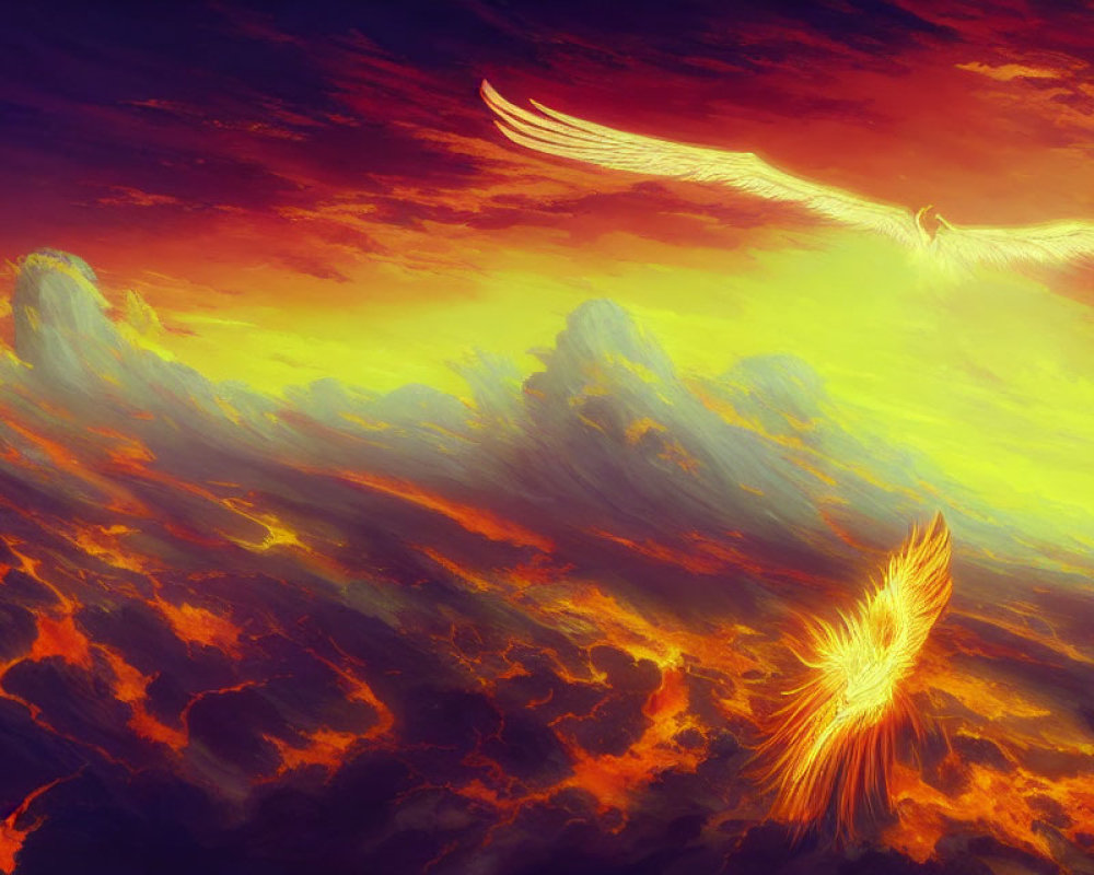 Fiery landscape with soaring phoenixes in vibrant colors