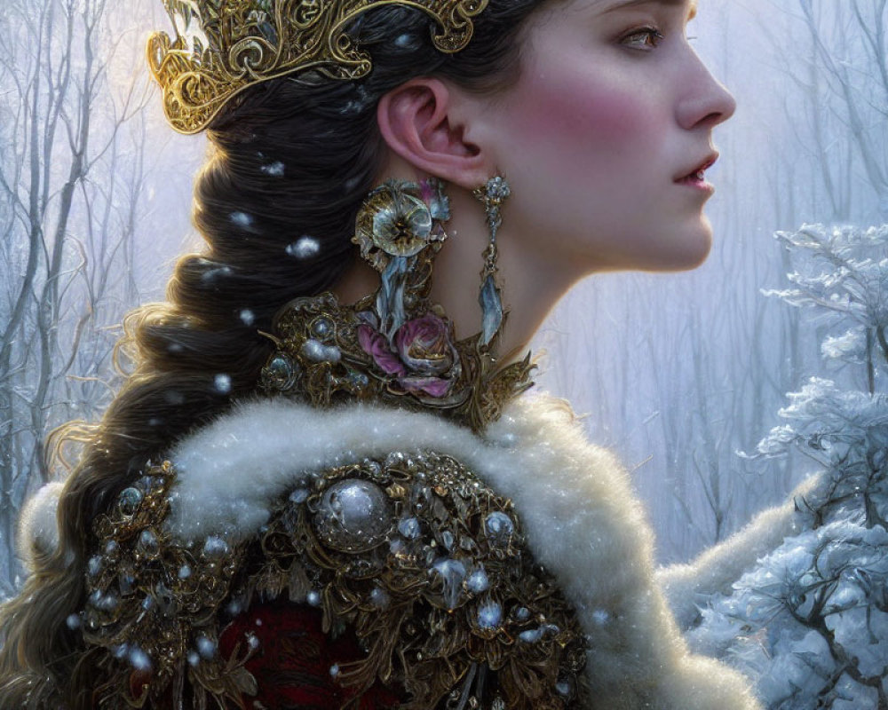Regal woman in jeweled crown and fur-trimmed cloak in snowy landscape