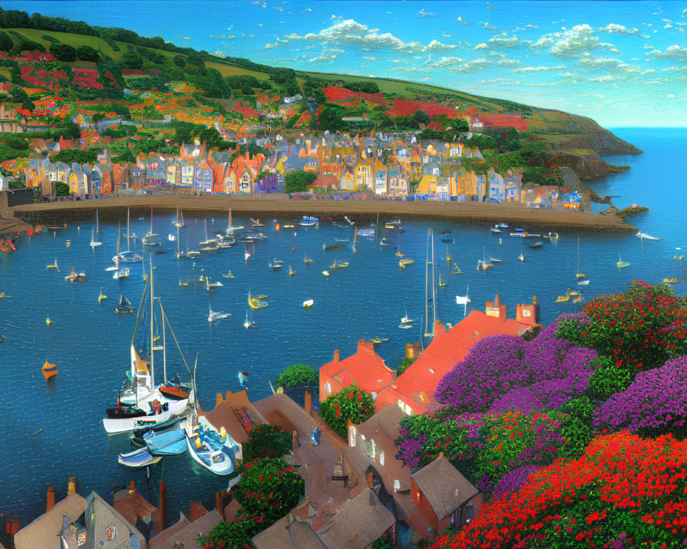 Vibrant Coastal Village with Boats, Greenery, and Flowers