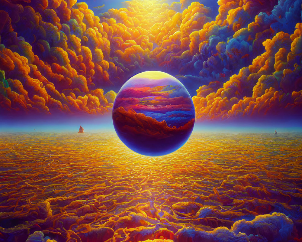 Colorful surreal landscape with reflective sphere and fluffy clouds
