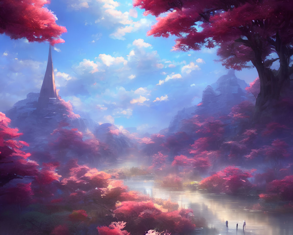 Mystical landscape with pink trees, river, mountains, and spire in misty setting.
