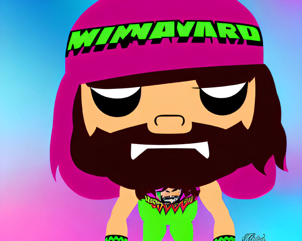 Colorful cartoon character with grumpy expression, pink headband, brown beard, green wristbands,