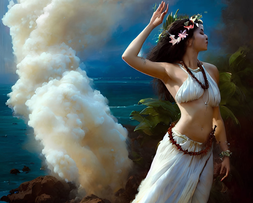 Traditional White and Brown Attire Woman by the Sea with Lei Gesture