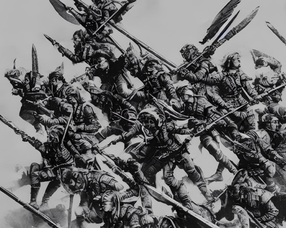 Monochrome illustration of medieval warriors in battle scene