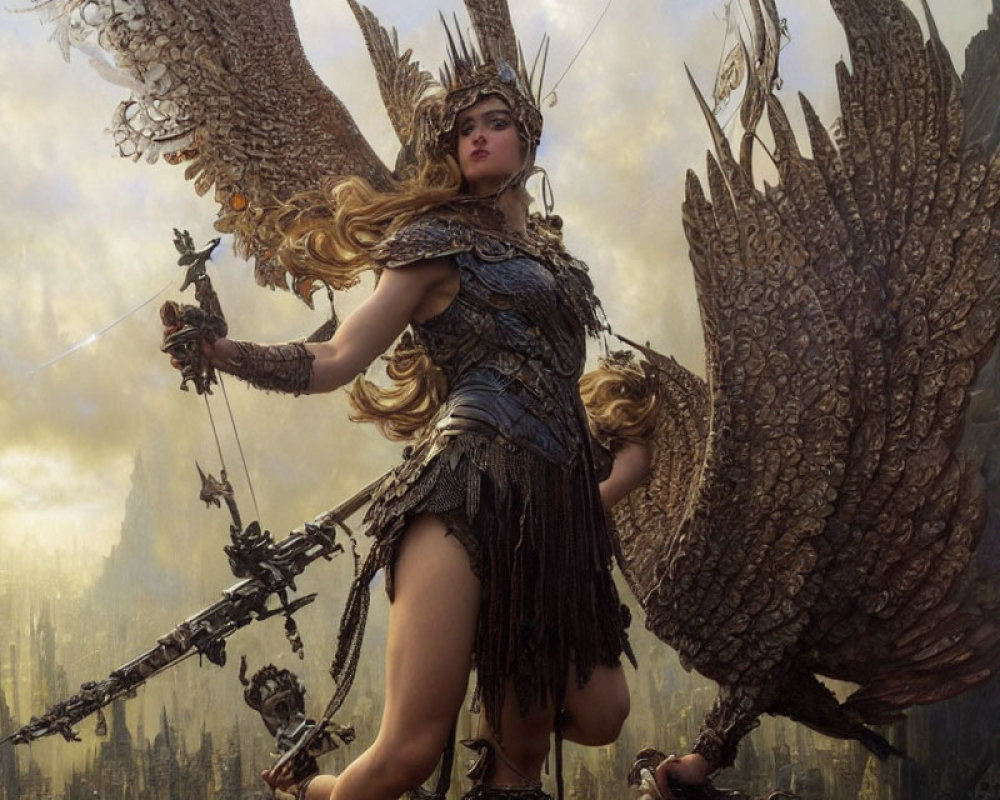 Fantasy warrior woman with mechanical wings holding a bow and arrow