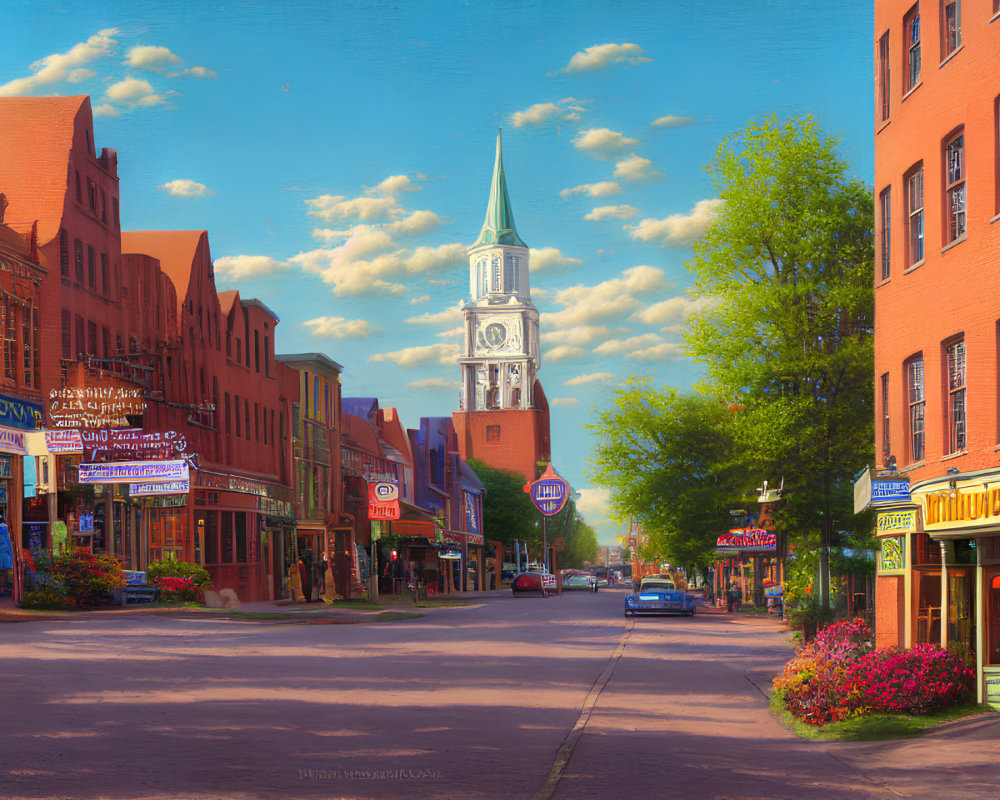 Lively street scene with red brick buildings and church spire