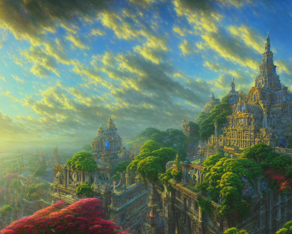 Fantastical cityscape with ornate spire-topped buildings and lush greenery