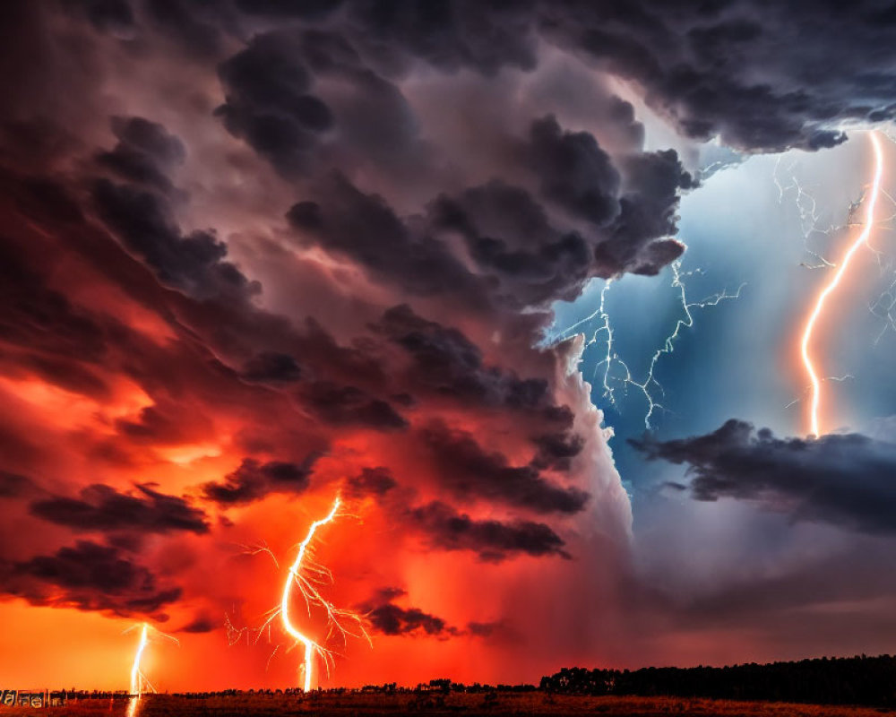Multiple lightning strikes under dramatic sky with vibrant colors