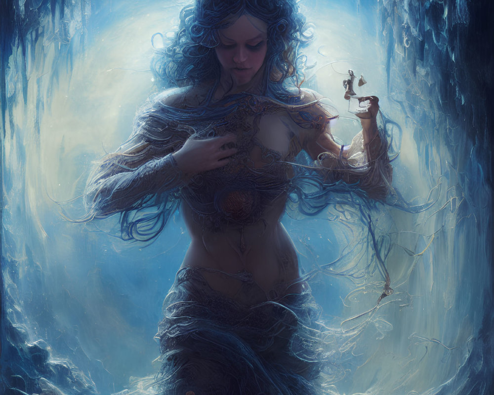 Mermaid with blue curly hair holding ship in deep blue underwater scene