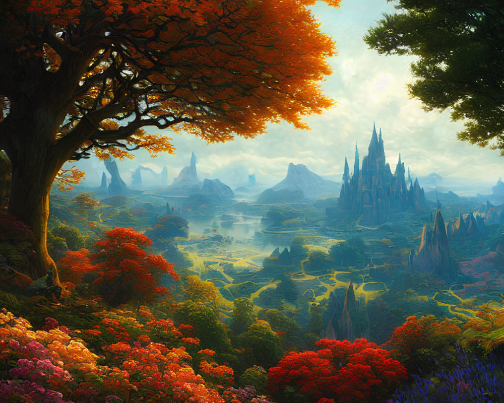 Colorful fantasy landscape with orange-leaved tree and distant spires