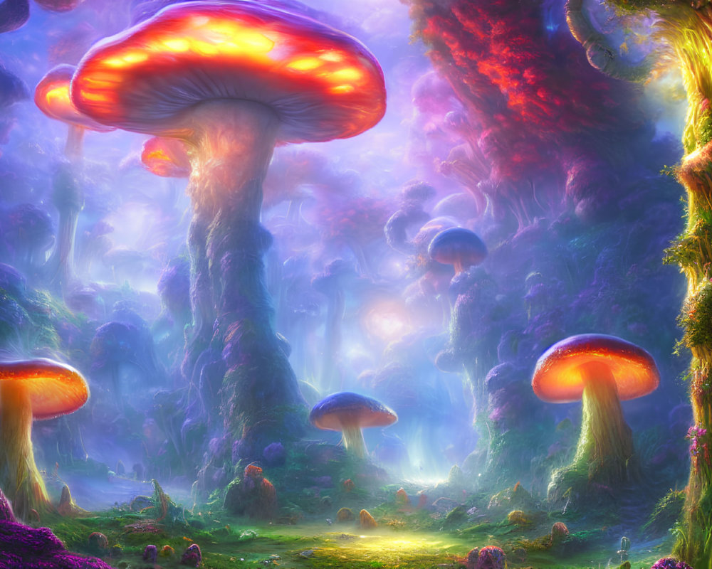 Enchanting fantasy forest with oversized glowing mushrooms under colorful sky
