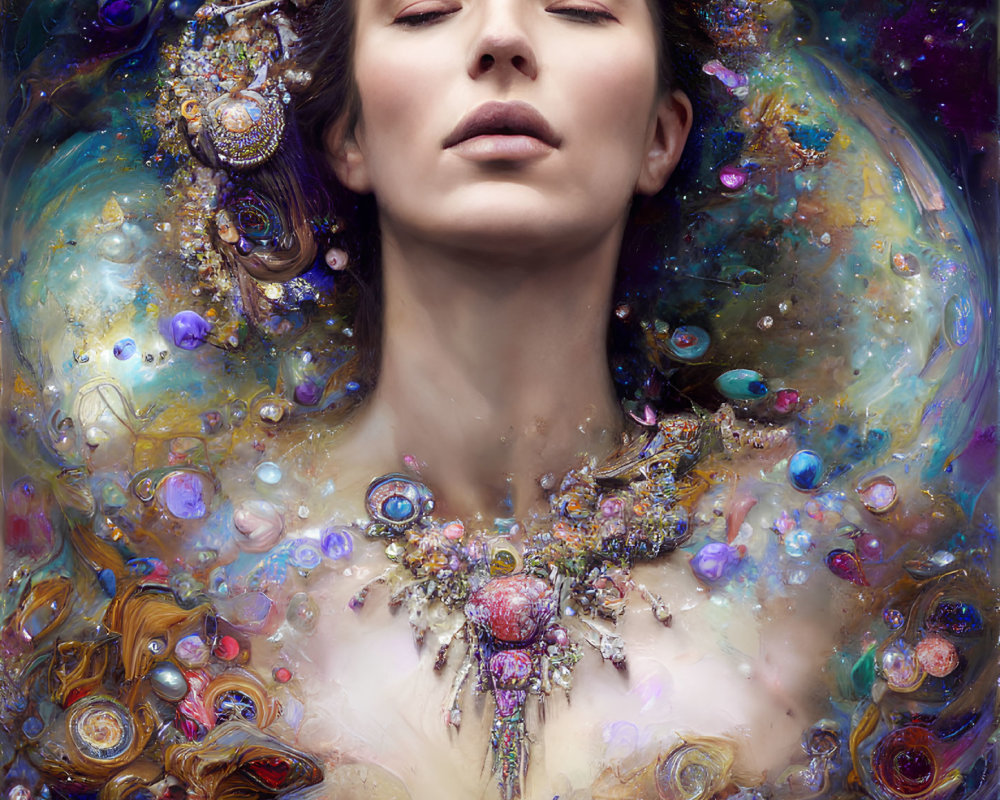 Cosmic-inspired woman surrounded by swirl of colors and jewels