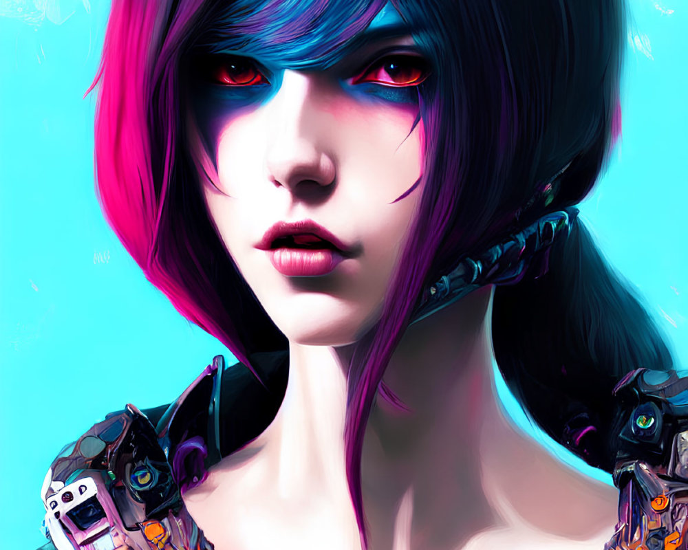 Illustrated cyberpunk character with blue and pink haircut and red eyes