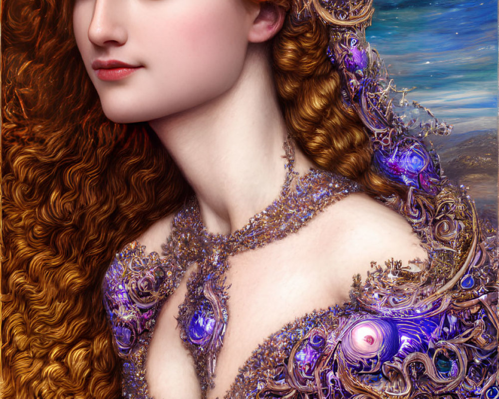 Woman with Curly Red Hair in Fantasy Attire on Starry Background