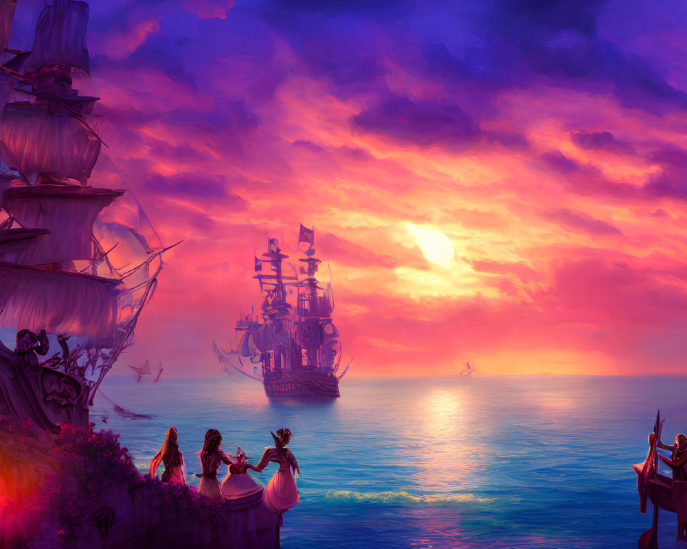 Colorful digital artwork: Sailing ships on purple-pink ocean under sunset sky, balcony with flowers