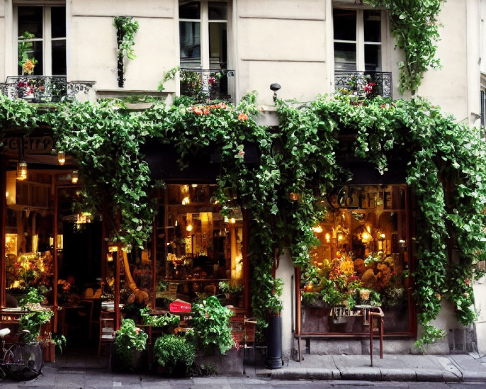 Cozy café facade with green plants, warm lighting, outdoor seating, and French windows