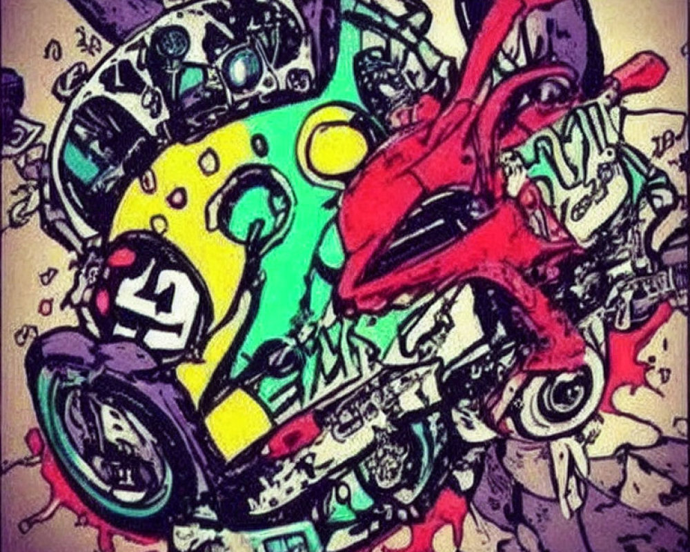 Colorful Abstract Graffiti Art: Chaotic Blend of Shapes, Colors, and Mechanical Elements