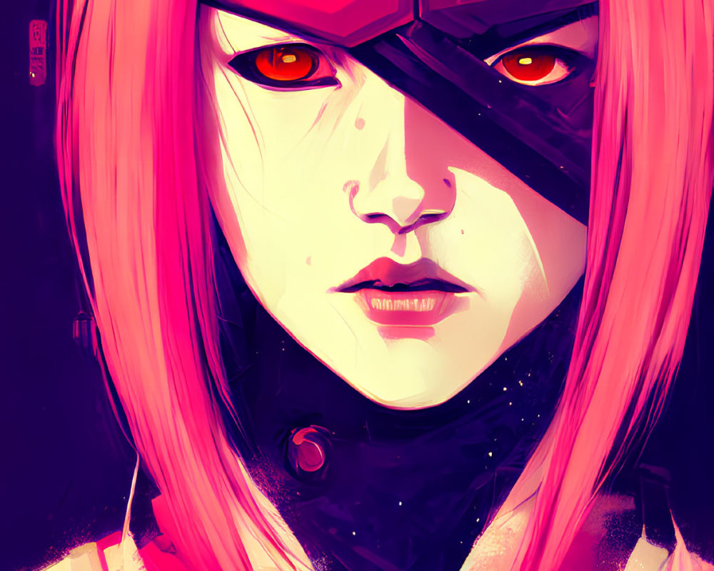Vibrant pink hair and glowing orange eyes on a futuristic female character illustration