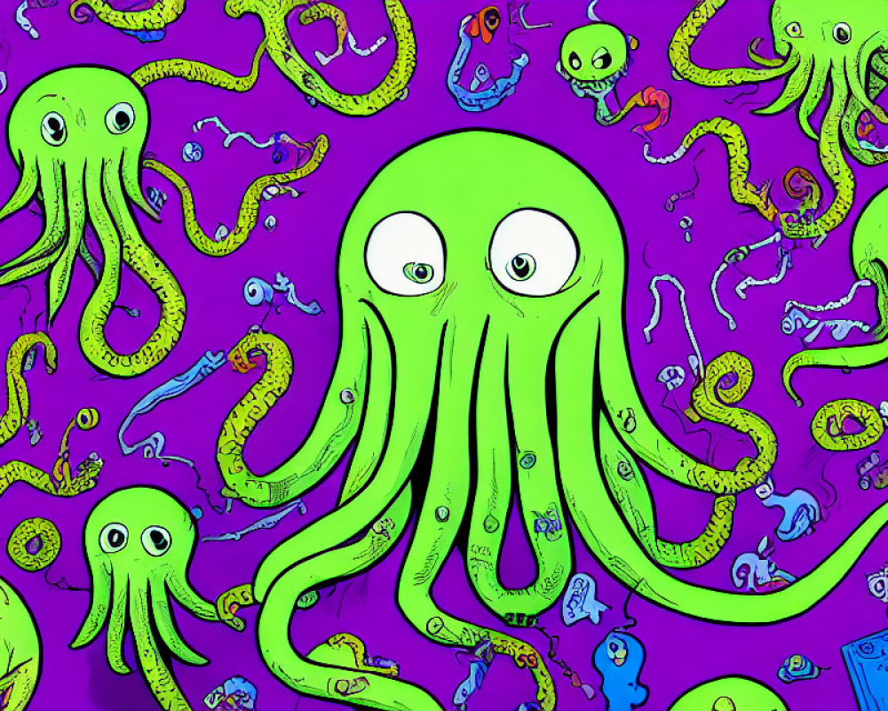 Colorful Cartoon Illustration of Green Octopuses on Purple Background