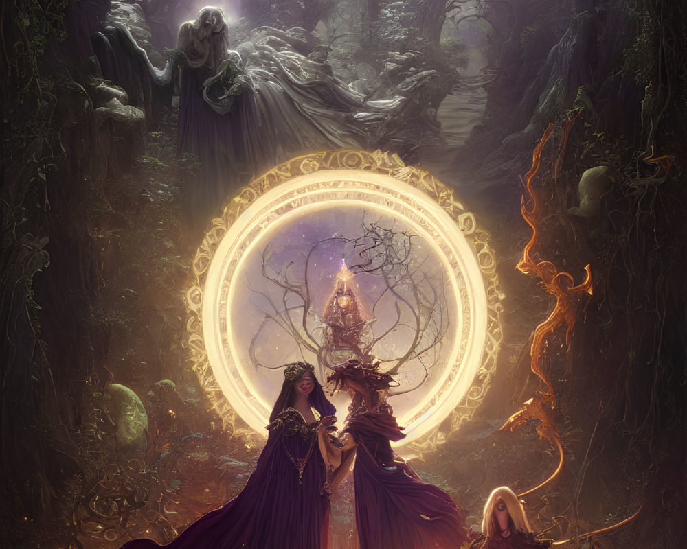 Mystical forest scene with robed figures and glowing circle