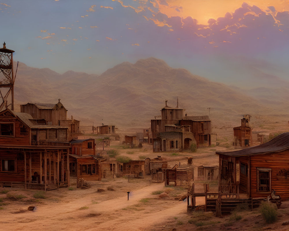Vintage Western town scene at dusk with wooden buildings, dusty road, and mountain backdrop.