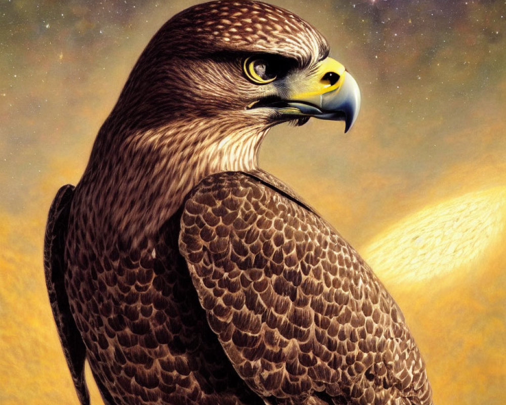 Detailed illustration of majestic eagle with sharp eyes and brown feathers in celestial backdrop.