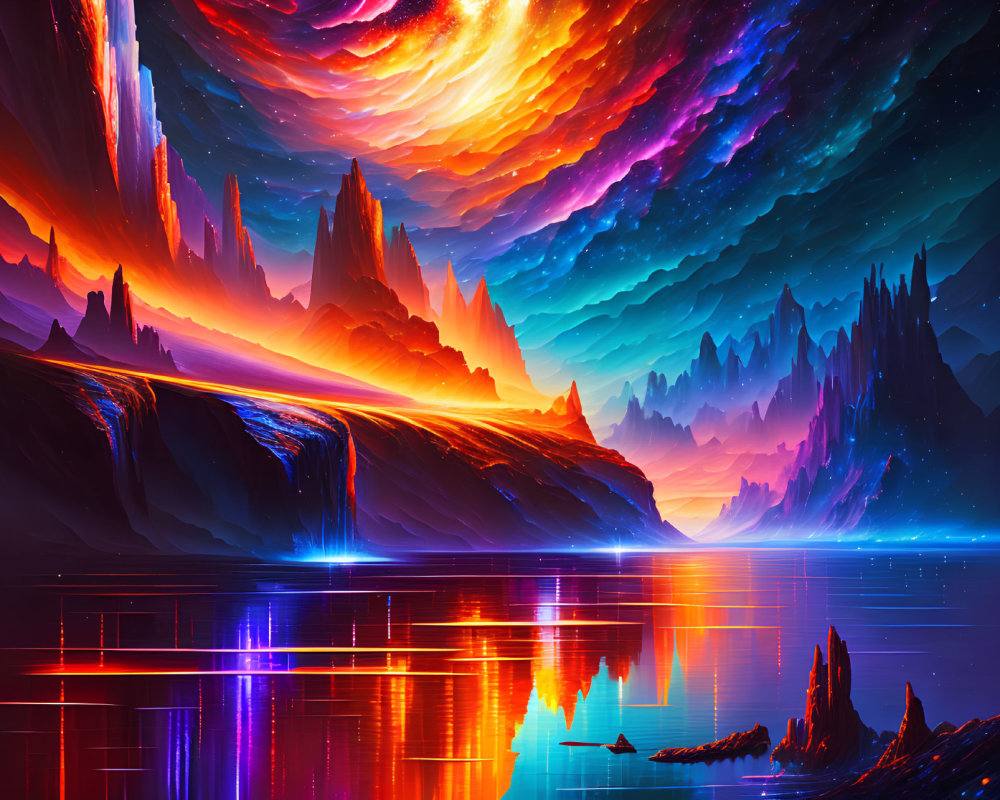 Fantasy Alien Landscape with Fiery Skies and Waterfalls