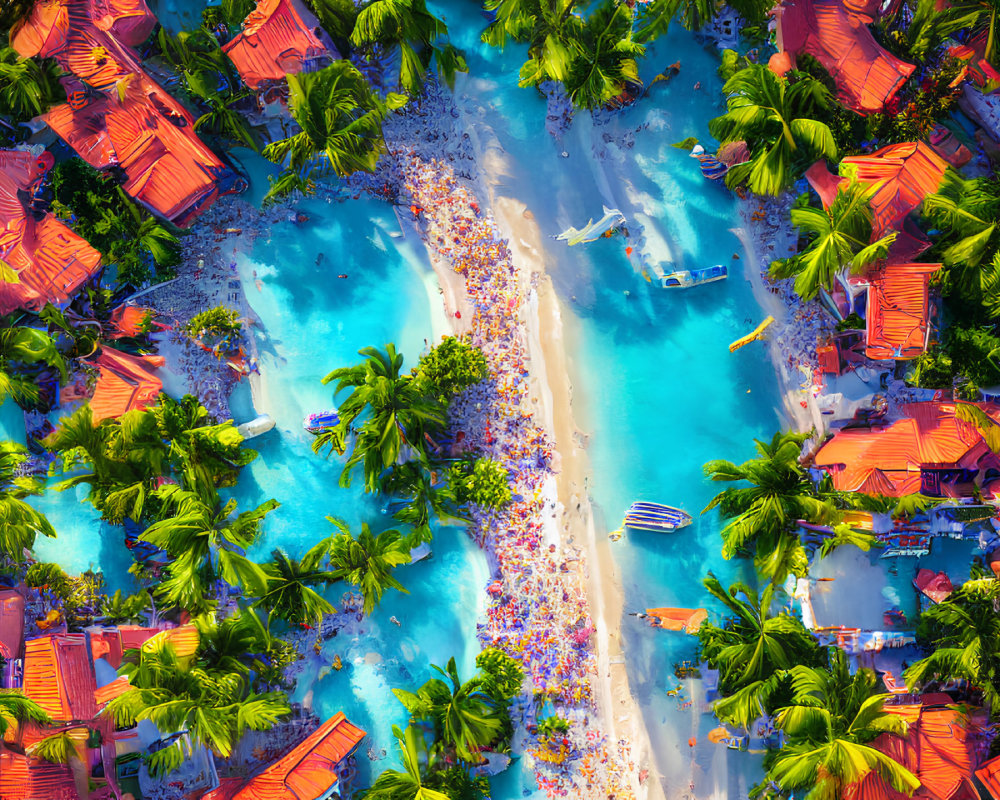Vibrant tropical beach with red-roofed buildings, white sand, turquoise waters, and crowds