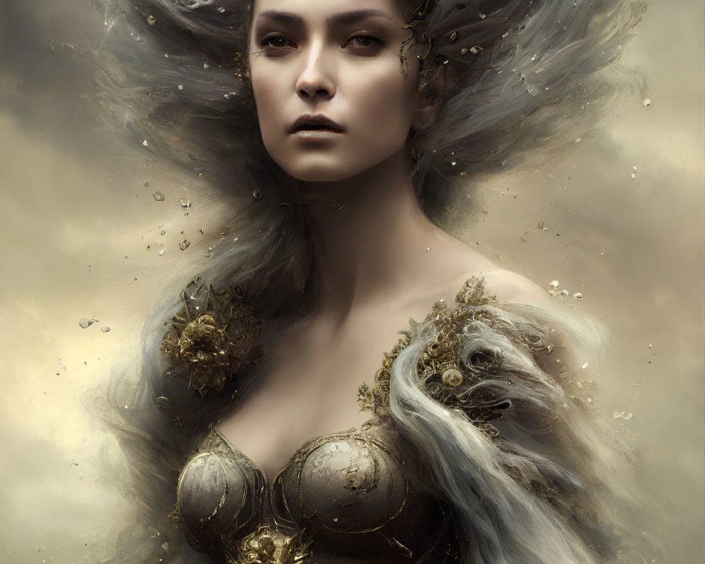 Elaborate golden headpiece on mystical female figure in ornate attire