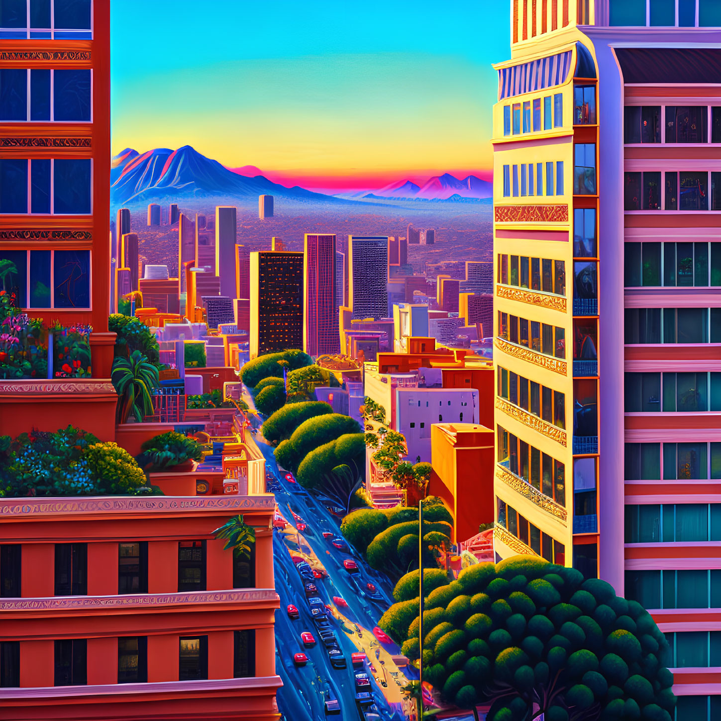 Cityscape at Sunset with Skyscrapers, Trees, and Mountains