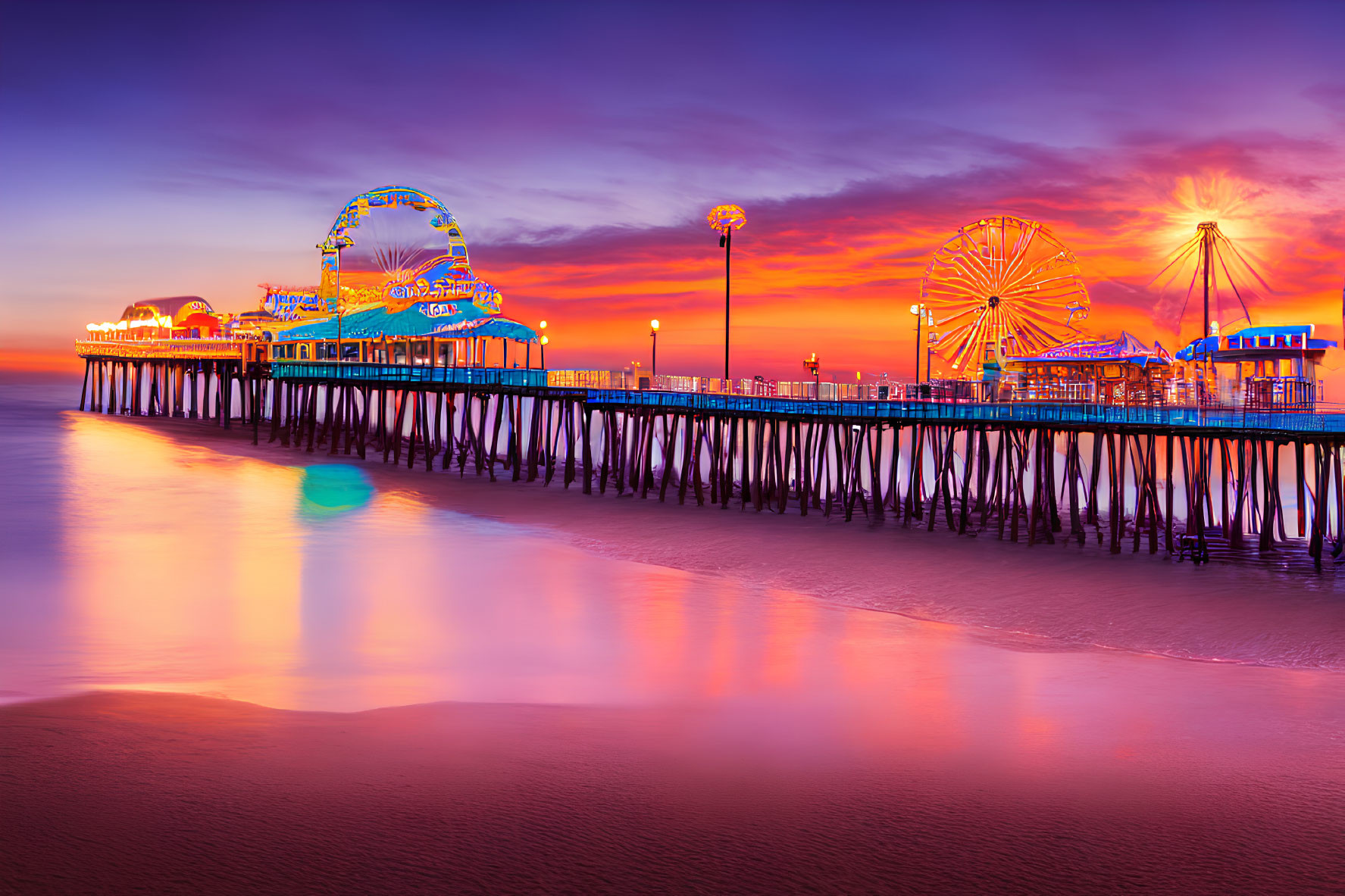 Scenic beach sunset with pier and amusement park silhouettes