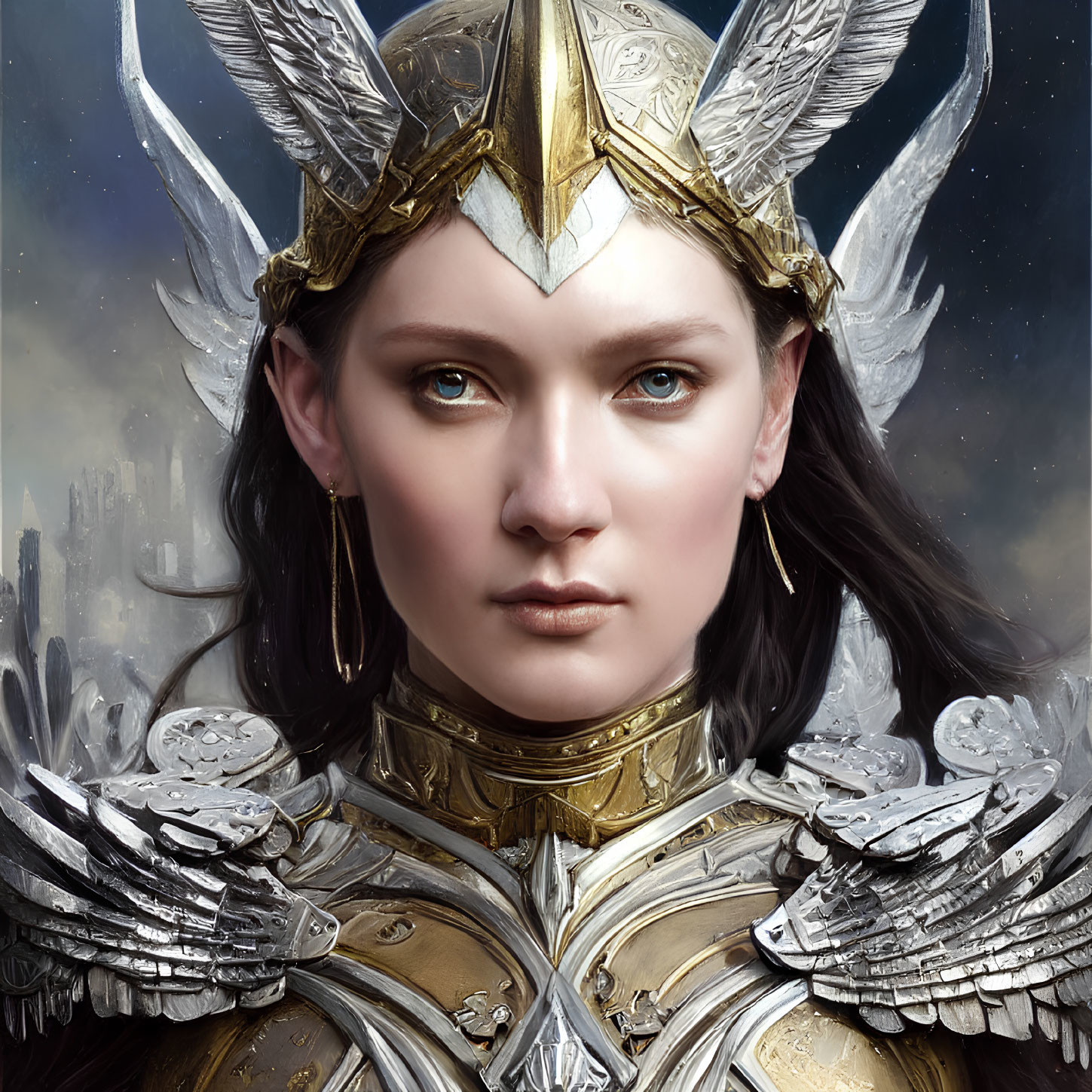 Woman in golden armor with winged helmet against cloudy sky and spires