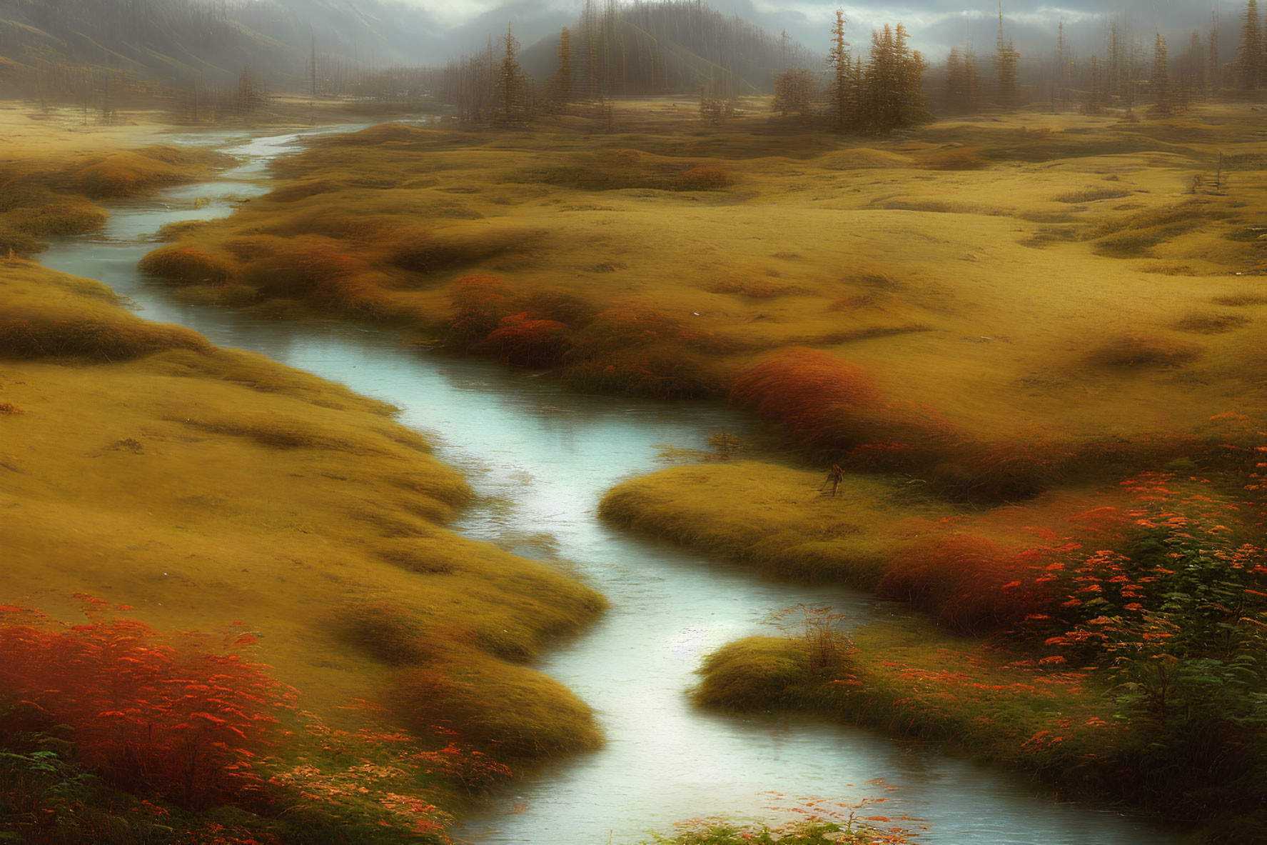 Scenic river flowing through misty landscape with golden grasses