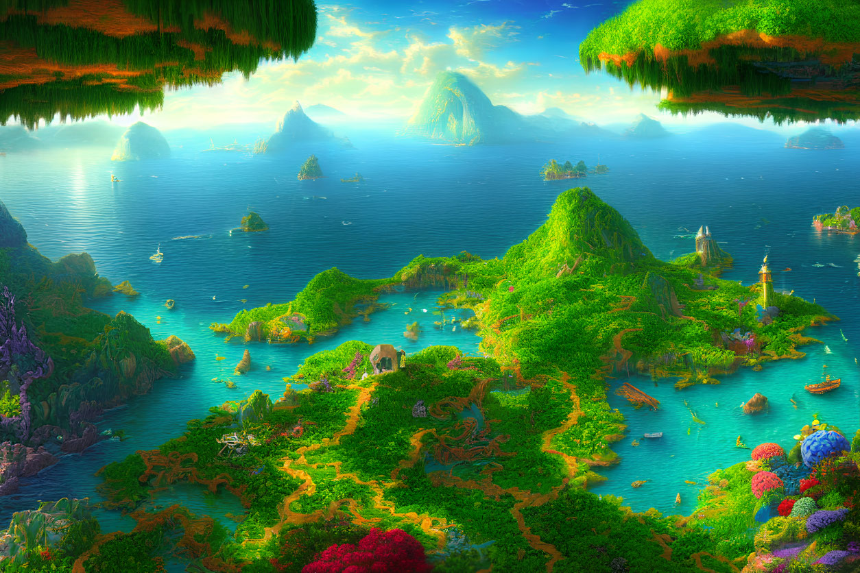Fantasy landscape with lush islands, floating landmasses, diverse vegetation, and tranquil sea.