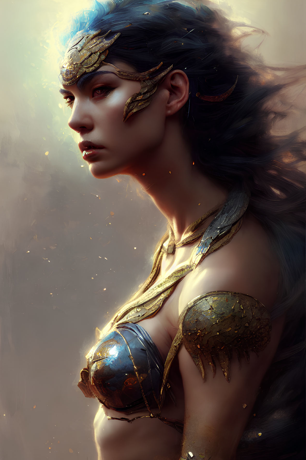 Regal female figure in gold and blue armor with winged helm, amidst glowing embers