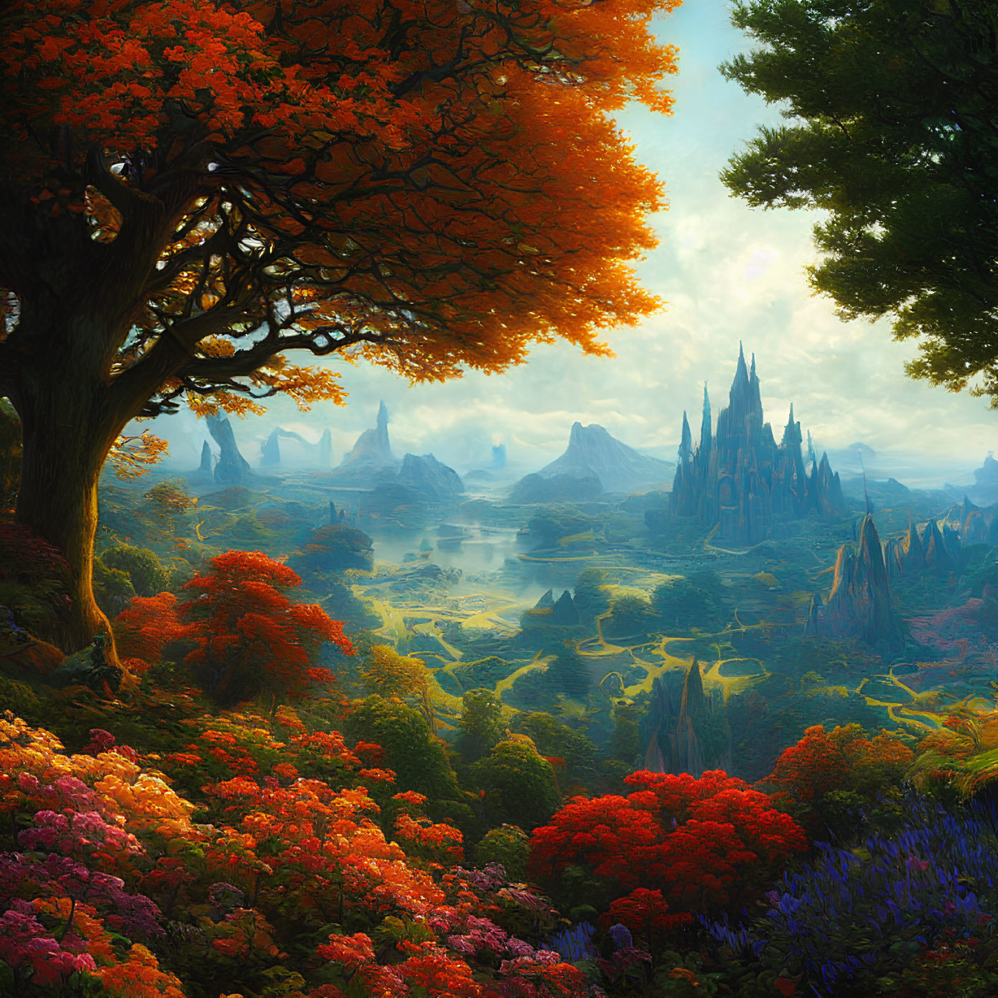 Colorful fantasy landscape with orange-leaved tree and distant spires