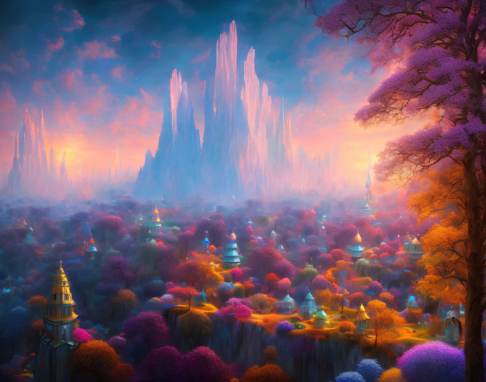 Vibrant sunset landscape with colorful trees and crystal spires
