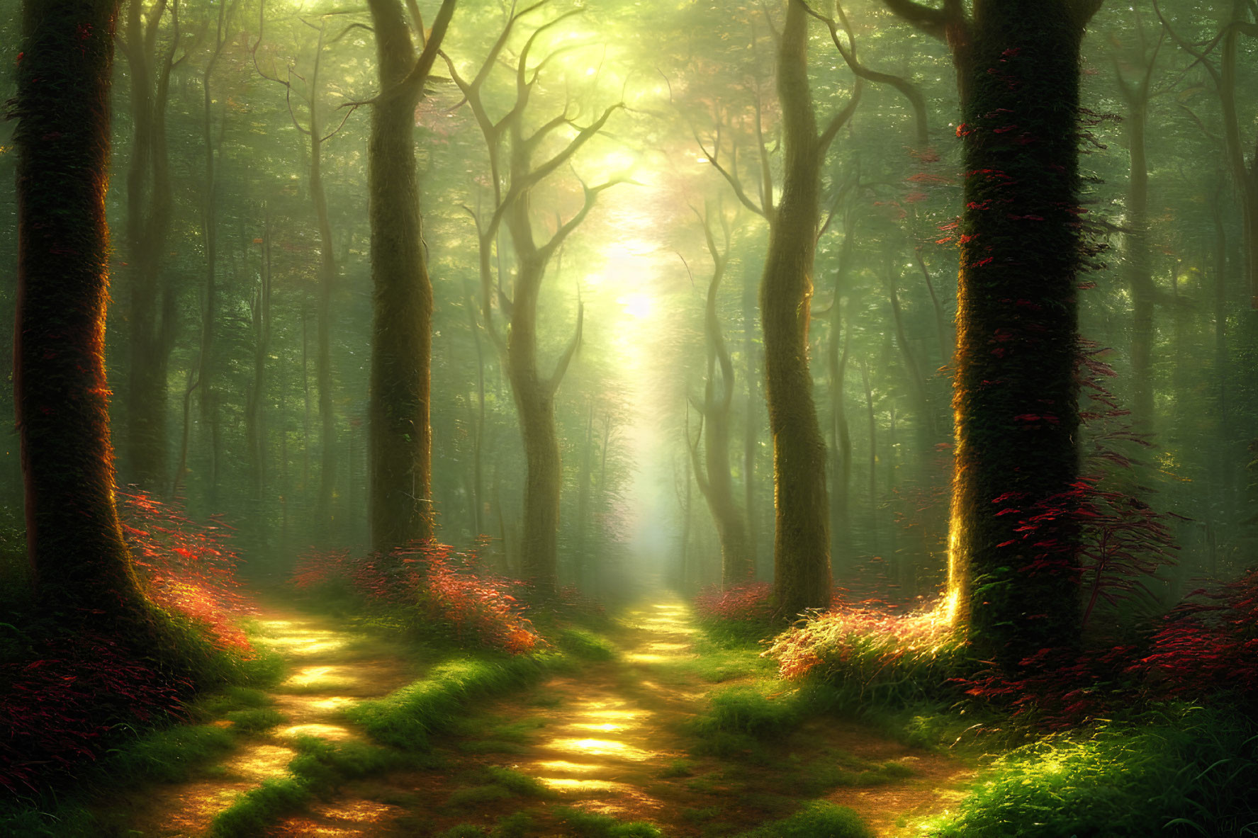 Forest scene: Sunlight filtering through dense trees, illuminating undergrowth.