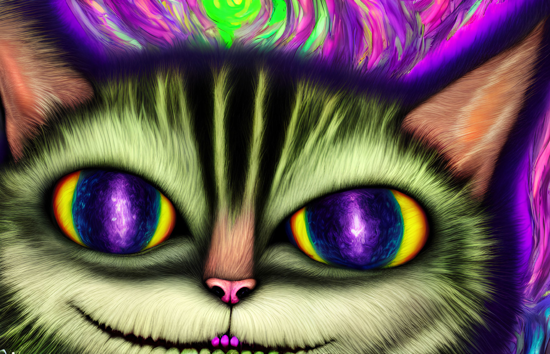 Colorful stylized cat with galaxy swirl eyes in close-up view