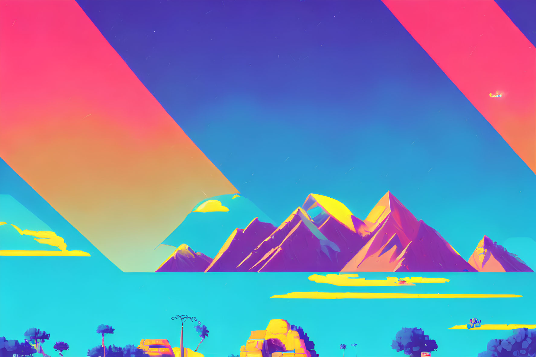 Colorful surreal landscape with vibrant skies and sharp mountain peaks