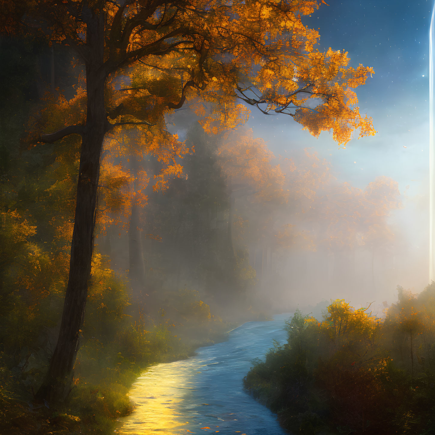 Tranquil forest path with glowing stream and autumn leaves