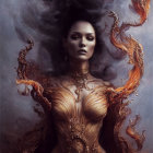 Elegant woman in melting golden gown against smoky backdrop