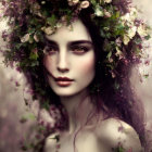 Portrait of woman with green and purple flower crown and dramatic makeup