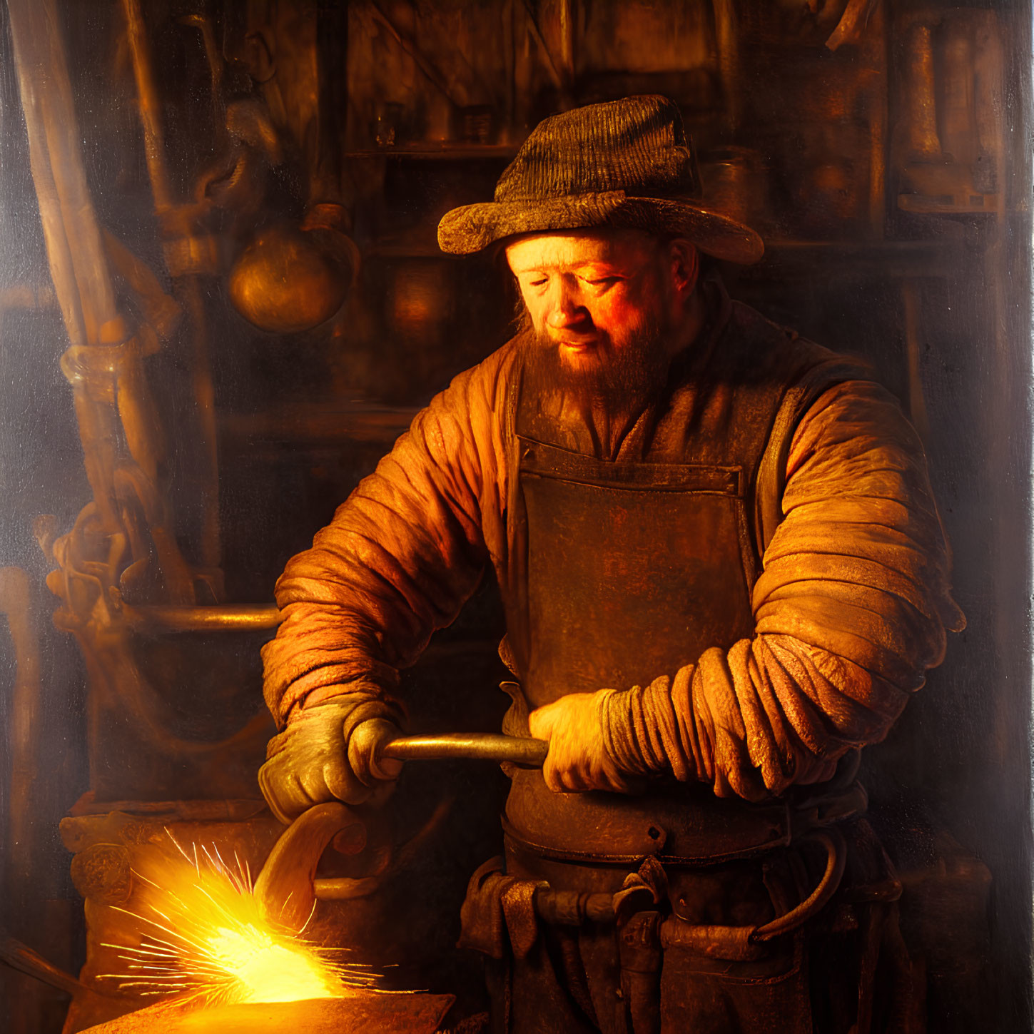 Blacksmith in Hat Crafting Metal on Anvil with Glowing Sparks in Dark Forge