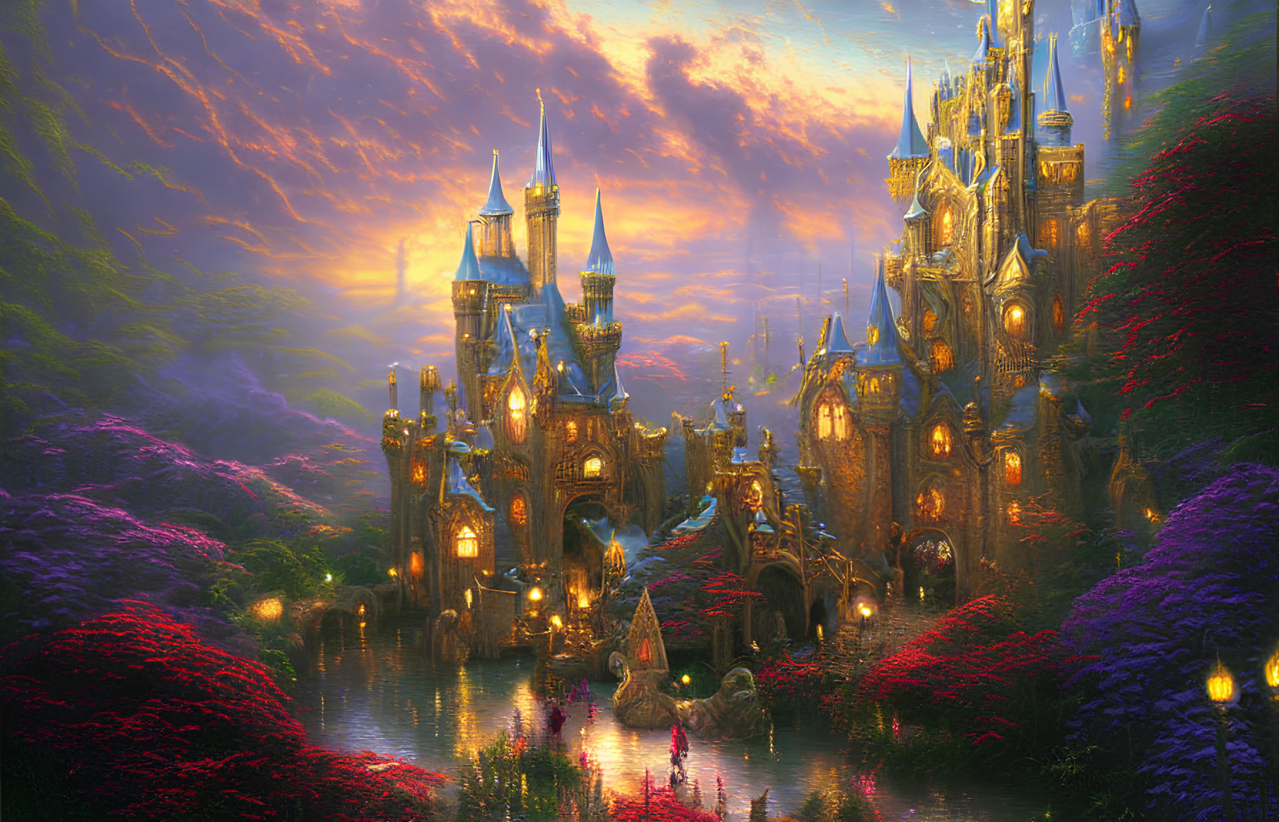 Fantasy castle surrounded by lush gardens and vibrant flora at sunset