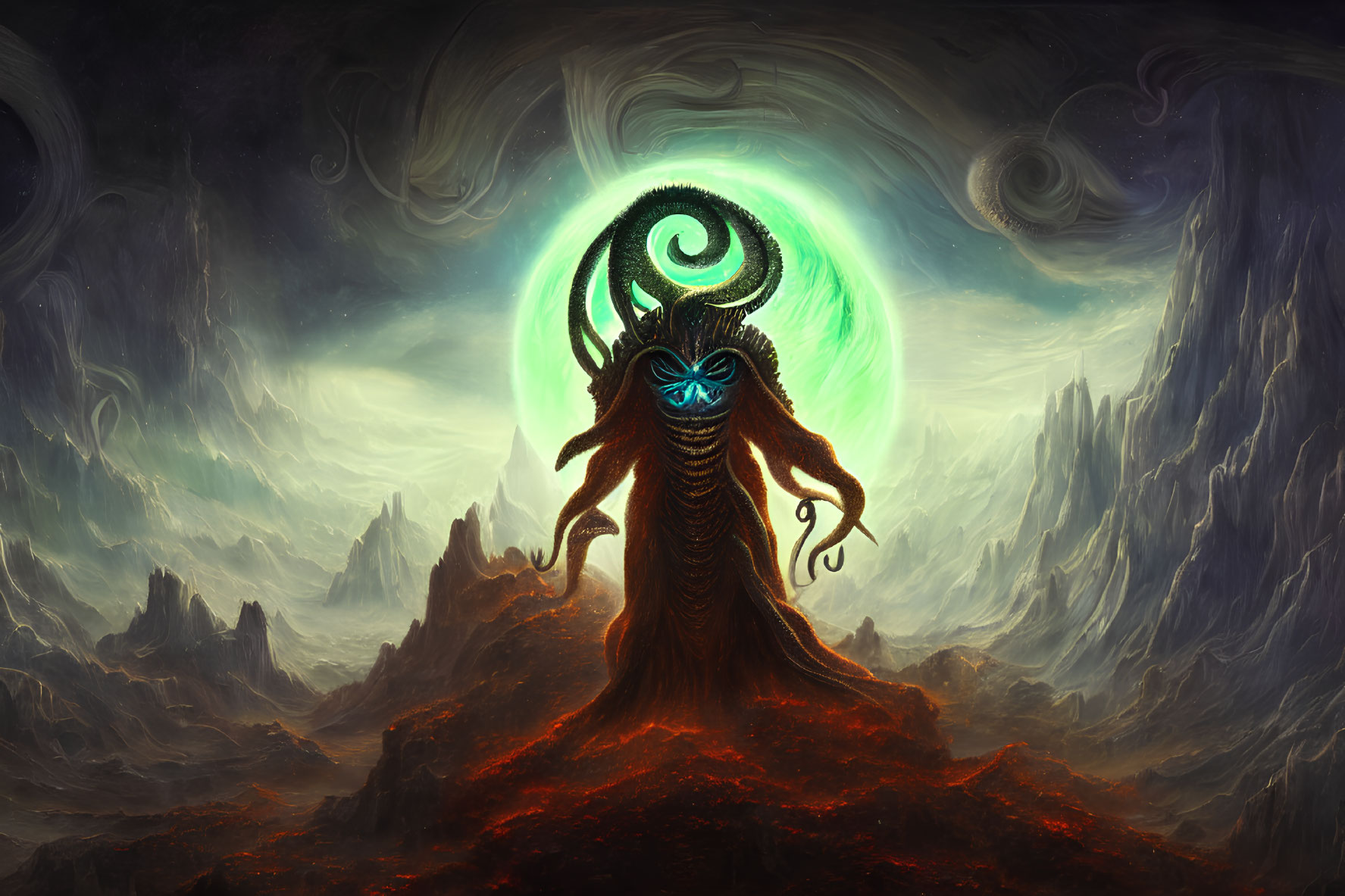 Mysterious tentacled creature with glowing symbols in dark landscape