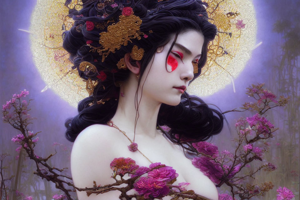 Illustrated woman with gold headwear and red cheek makeup in mystical purple flower setting