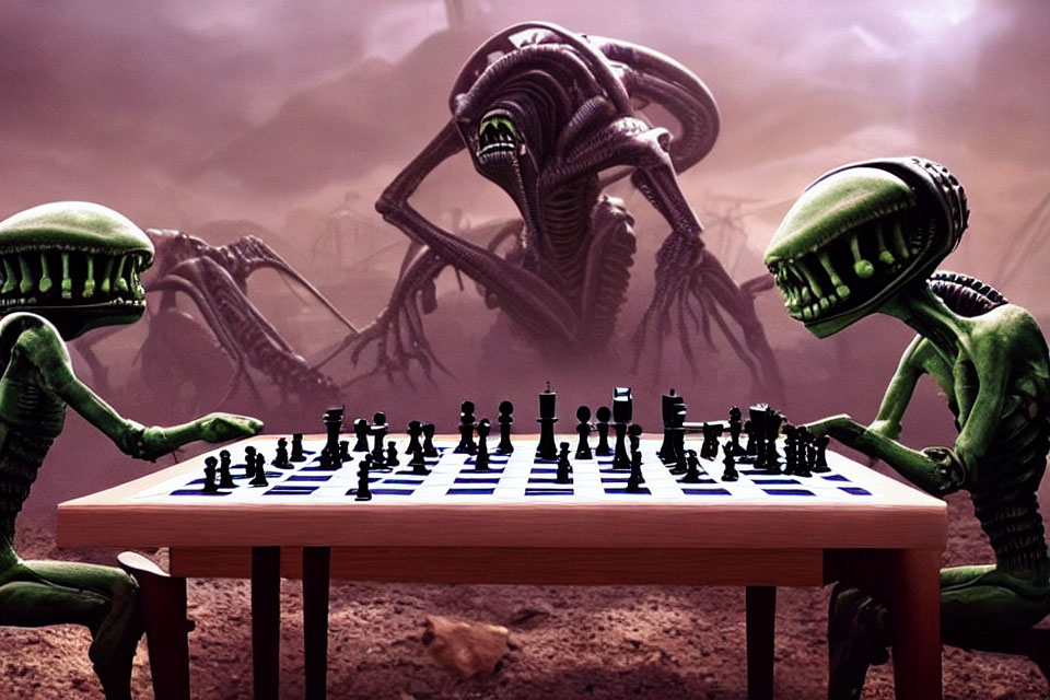 Alien figures playing chess with looming creature in extraterrestrial landscape
